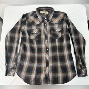 BIT & BRIDLE Western long sleeve shirt Women's  XL Brown Plaid with Pearl Snaps